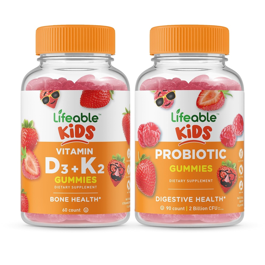 Vitamina vitale D3 + Vitamina K2 Bambini + Probiotico 2 miliardi di CFU Bambini, Gummies Bundle - Grande degustazione, Supplemento di vitamina, Senza glutine, OGM libero, pancia masticabile