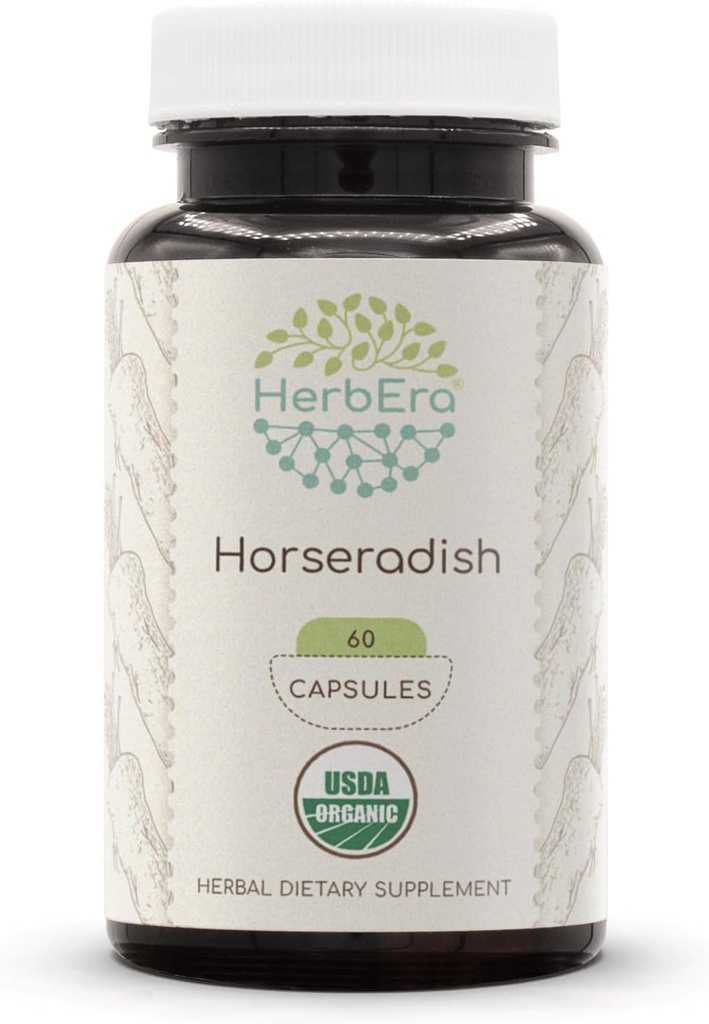 HerbEra Horseradish USDA Organic 60 Capsule | Natural Herbal Supplement | Capsule Vegetariani Organici Certificati e Radice Organico (Armoracia rusticana) Radice secca (60 Capsule)