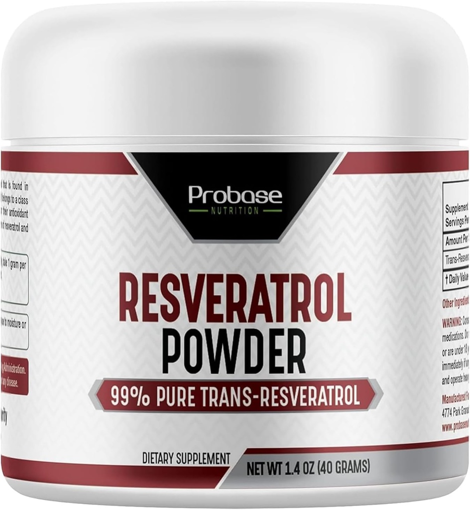 Probase Nutrition Trans Resveratrolo Supplemento, Polvere di resveratrolo ad alta purezza per il supporto di età, alimentazione di 40 giorni, 40 grammi