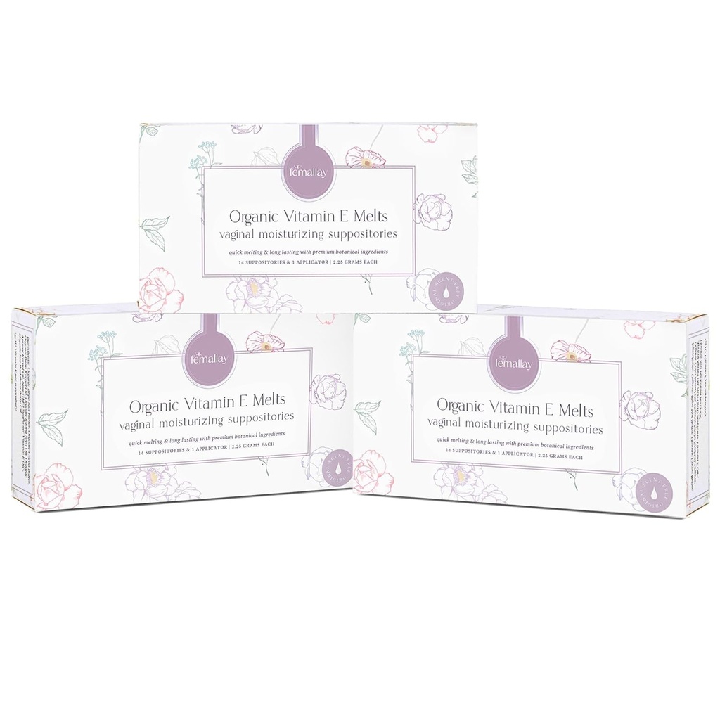 Femallay Organic Vitamin E Vaginal Melts - 3 Pack - Rilievo per Menopause Dryness & Irritazione - 14 Conte + Applicatore
