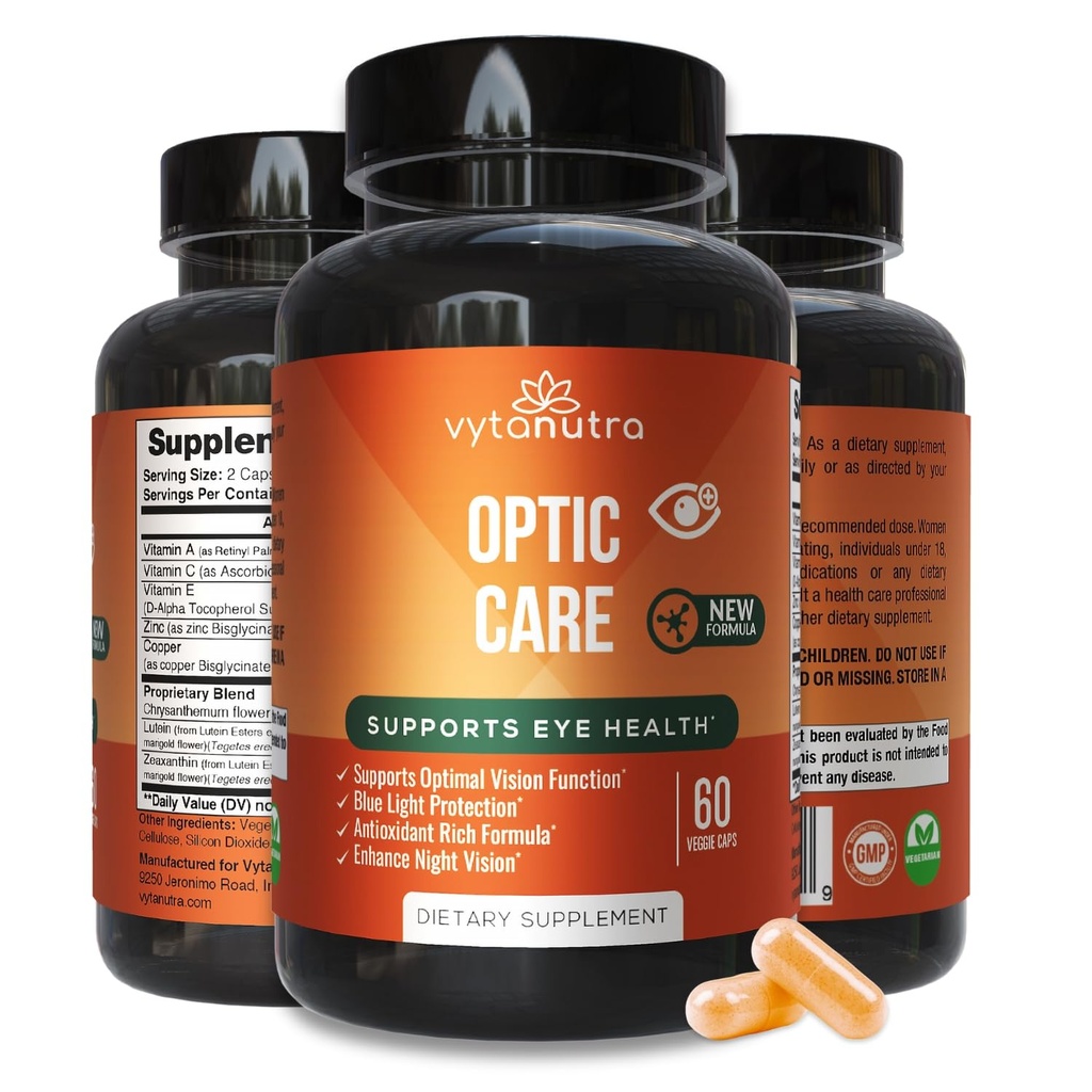 Vitamine Optic Care Eye – Lutein, Zeaxanthin, Vitamine A C E, Zinco, Rame, Chrysanthemum & Goji – Formula Micronutriente Antiossidante per il supporto Vision – 3 PK