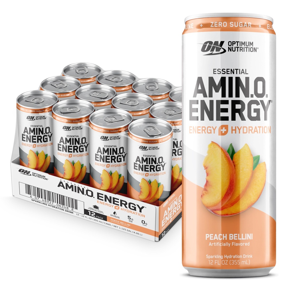 Optimum Nutrition Amino Energy Sparkling Hydration Drink, Electrolytes, Caffeina, Aminoacidi, BCAAs, Sugar Free, Peach Bellini, 12 Fl Oz, 12 Pack (Packaging May Vary)