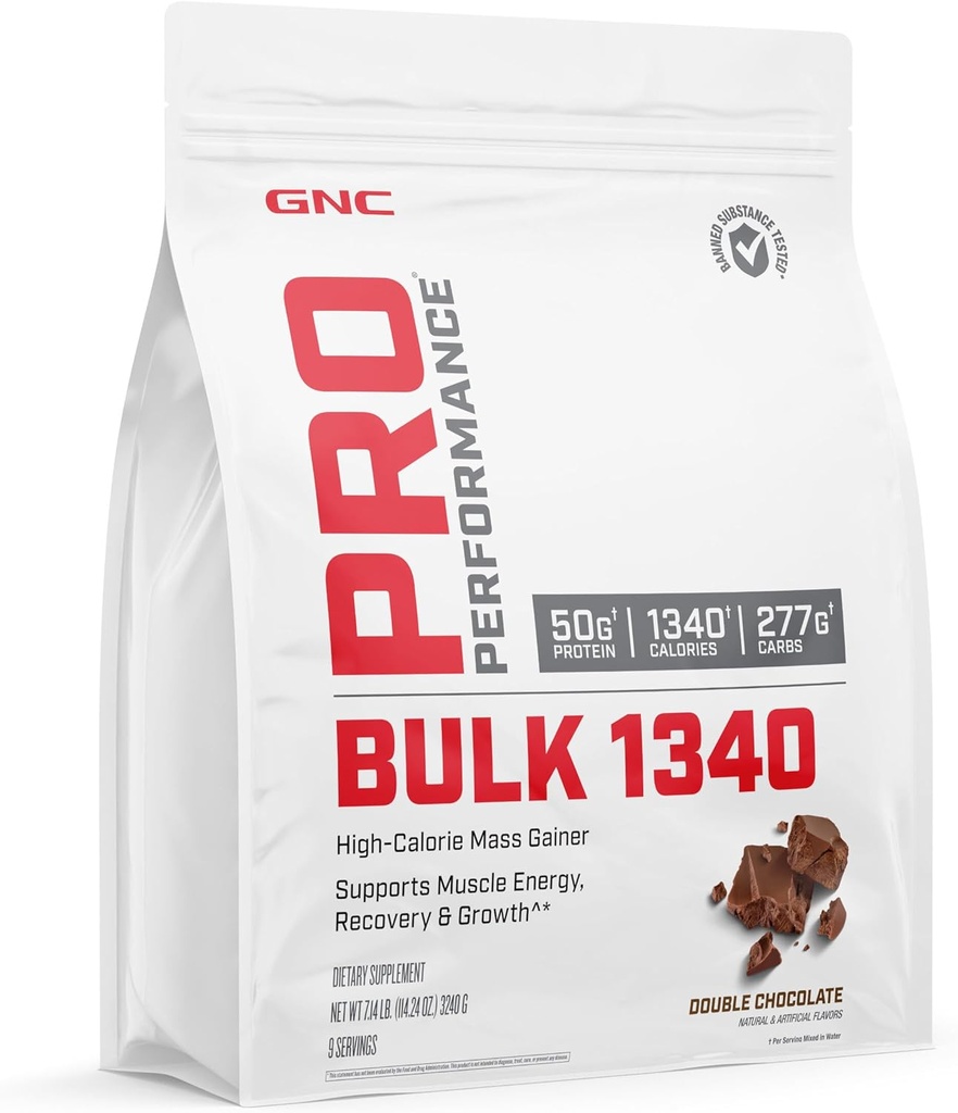 GNC Pro Performance Bulk 1340 Mass Gainer Protein Powder, 50g, Gluten Free, Whey, Creatina, BCAA, 3rd Party Tested, Muscle Recovery & Growth, Micronutrients, Double Chocolate, 9 Servings