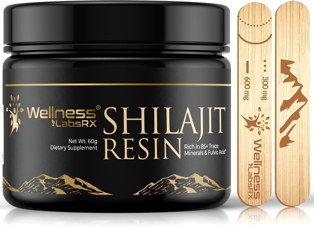 Shilajit Resina con Acido Fulvico e Minerali di Trace - Shilajit dell'Himalaya puro del grado d'oro per gli uomini - Chilajit da Gilgit Confezionato con 85+ Minerali, Metabolismo e Supporto Immune - 60g