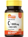 Sundance Vitamin C 1000mg con Rose Hips | 60 Coated Caplets | Timed Release | Vegetariano, Non OGM e Gluten Free Supplement