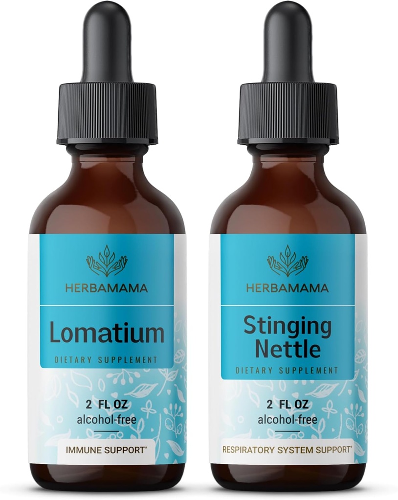 HERBAMAMAMA Kit di gocce liquide a base di erbe - Bundle di estratto di radice di Lomatium e tintura di ortica 2 fl oz - Vegan, Non OGM, Zucchero & Alcol-Free - 2 Confezione