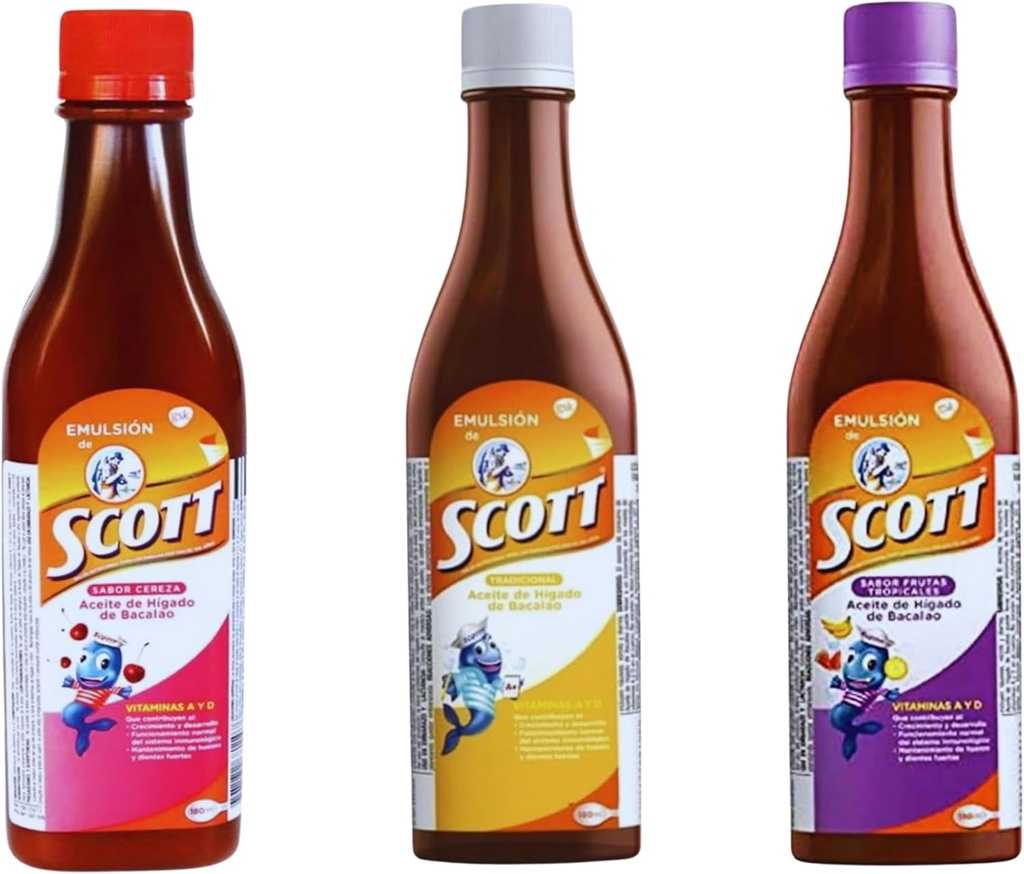 Emulsión de Scott 3 Pack Combo – Cod olio di fegato (tradizionale, ciliegia, aromi tropicali di frutta) - 180ml