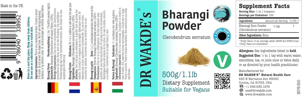 Polvere Bharangi di DR WAKDE (Clerodendrum serratum) - 500g (1.1lb) | Polvere pura, cruda e secca | Aroma naturale e freschezza | Polvere fine | Vegan | Grade Premium | Nulla Aggiunto, Nulla rimosso