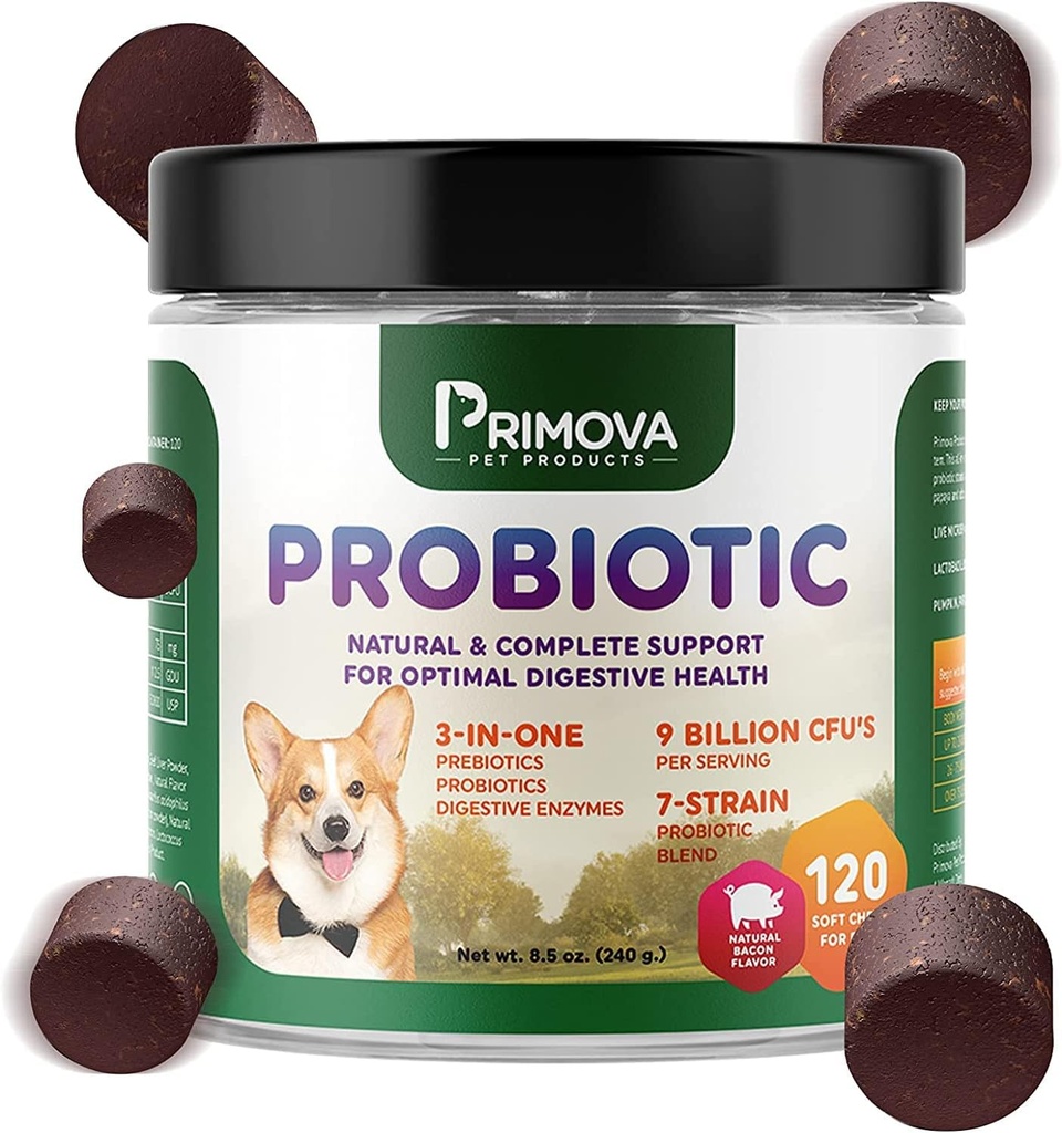Cuscinetti Probiotici per cani Enzimi Digestivi - Diarrea Cane & Natural Allergy Relief - Cuscini Probiotici Puppy - Cuciture di Allergia Cane - Confezione da 120 Chews