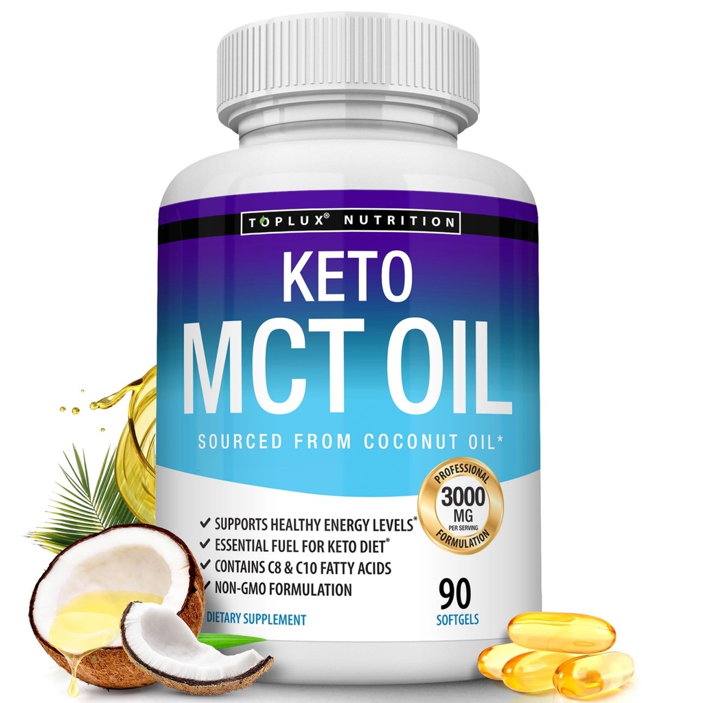 Toplux Keto MCT olio capsule - 3000mg naturale puro cocco olio estratto pillole, fonte di energia, facile da digerire per le donne degli uomini, 90 softgels, supplemento
