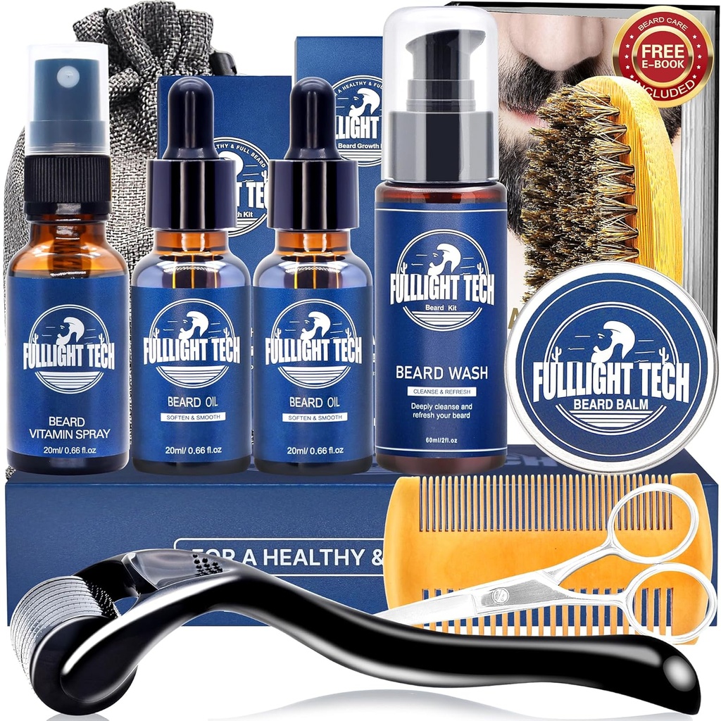 Kit di cura del cuscinetto per uomo-Nourish Soften Grooming Patchy Beard W/Vitamin Spray, olio di mustache, balsamo, lavare, brunire di cinghiale, Pettinato,Scissori,Valentini Padri Regali per gli uomini Papà Lui marito Fidanzato
