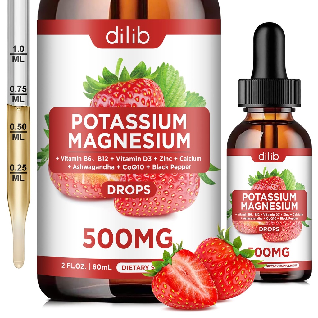 Supplemento di citrato di magnesio di potassio, gocce di citrato di magnesio liquido 500mg con Ashwagandha, calcio, zinco, vitamina D3, B6, B12, CoQ10 - Supporto calma & Bone & muscolo & salute immunitaria Vegan 2 fl oz