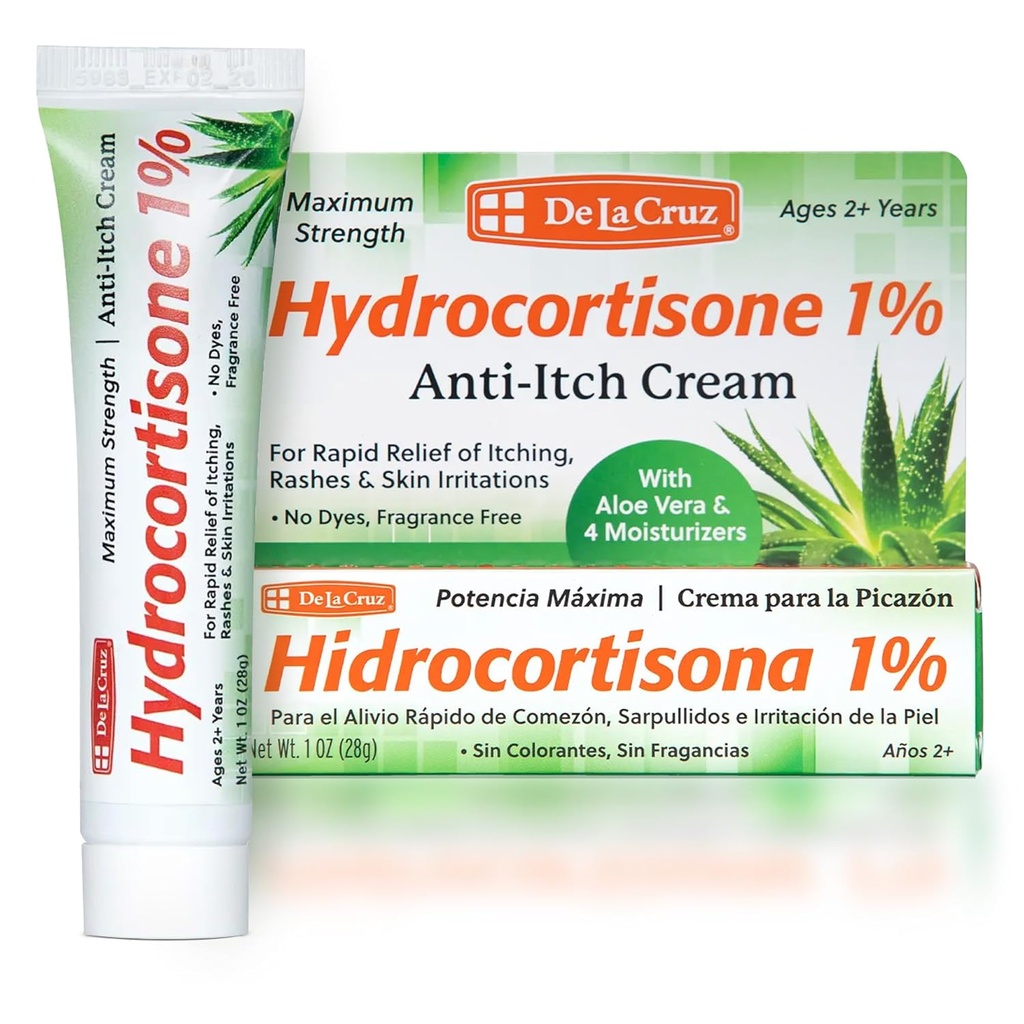 De La Cruz 1% Crema Idrocortisone - Massima resistenza - Topical Anti Itch Crema Idrocortisone con Aloe Vera e Moisturizers per pelli secche, Ressa, Dermatite, Eczema e Rashes - 1 OZ (28g)
