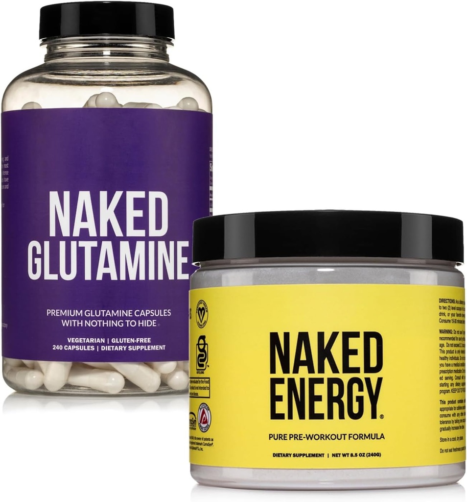 NAKED Vegan Energizing Muscle Recovery Bundle Unflavored Energy e 240 L-Glutamine Capsule, 1000mg