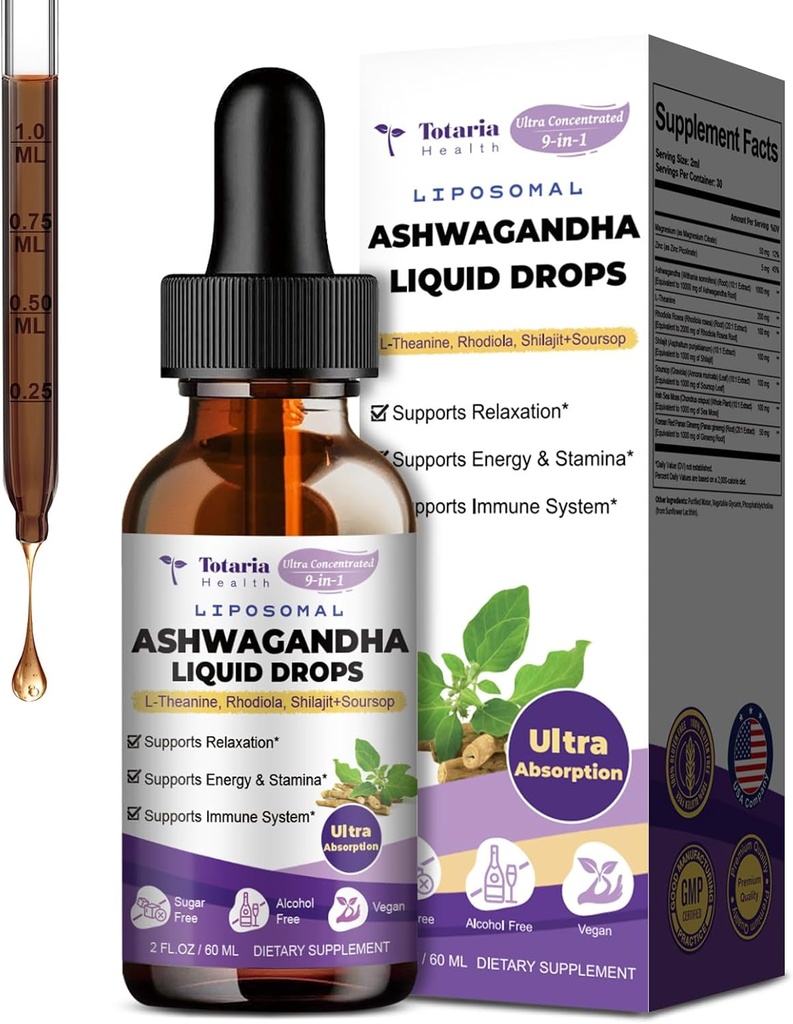 Totaria Liposomal Ashwagandha Liquid Drops w/Shilajit, Magnesium, Soursop, L-teanina, Estratto di radice di Ashwagandha ultra Extact | 7% Withanolides | Alcohol-Free | Non-GMO | per uomini e donne