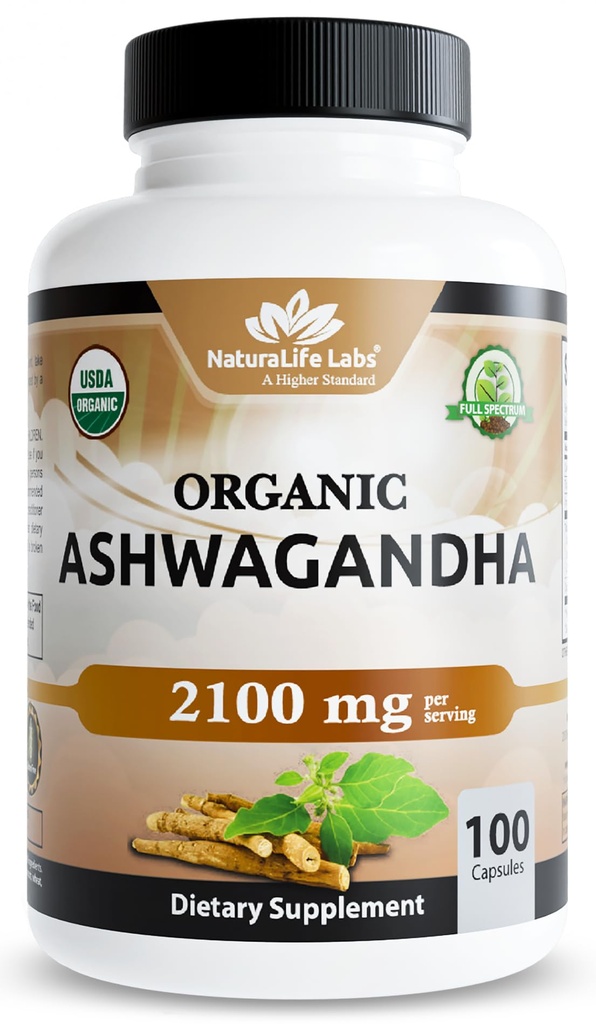 NaturaLife Labs Organic Ashwagandha 2100 mg per Serving – Polvere di radice & Estratto – 100 capsule – Vegan, Non OGM, Senza glutine