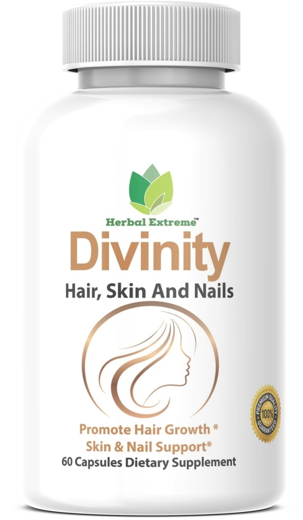 DivinitÃ Capelli, Pelle e Unghie 60 Capsule 5000 mcg Biotin P-amino Benzoic Acid, Estratto di coda di cavallo, Fo-Ti, estratto di bambù, Bovini da cucire, Peonia cinese, Spirulina, Palmetto di sega