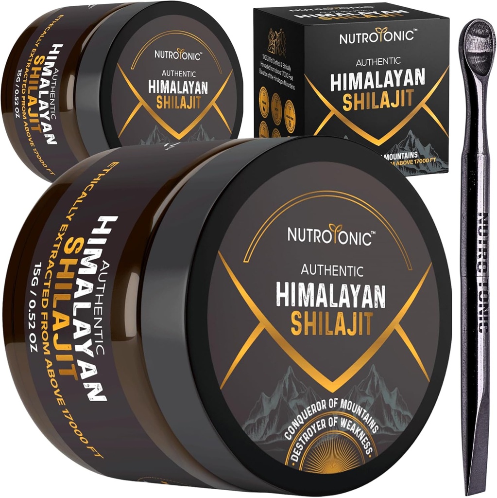 NutroTonic® Autentico Himalayan Shilajit Resina per gli uomini e le donne - Grado d'oro 86% Acido Fulvico - Wild Crafted +17000 FT – 40x Nano filtrato & Sun Dried - 3rd Party Lab Tested - 15g Jar (Pack of 2)
