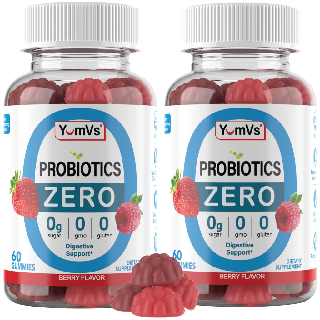 YUM-V'S - Zero Sugar Probiotic Gummies per la salute digestiva - Probiotici senza zucchero per le donne, gli uomini e i bambini - Gut Health Probiotic Gummies per adulti e bambini (60 Conteggio (Pack of 2))