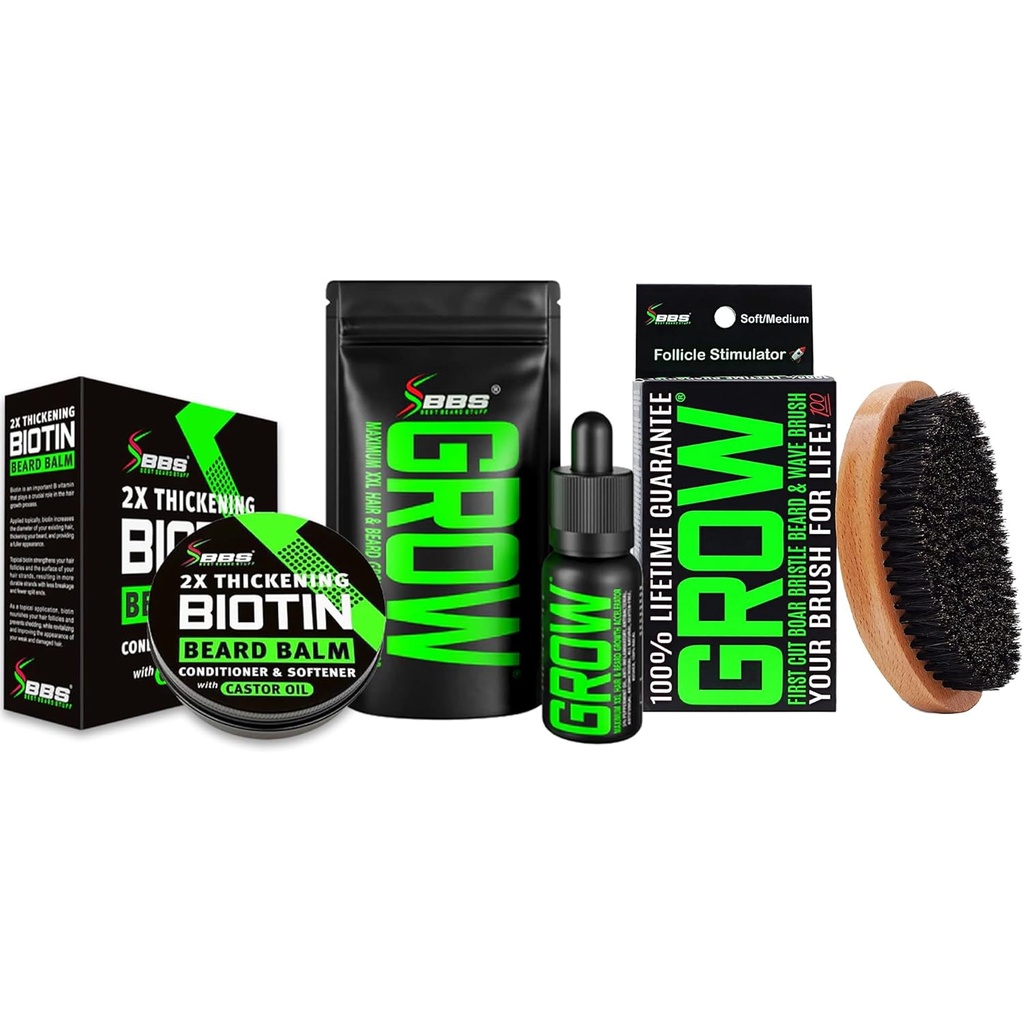 Kit di crescita del cuscinetto w/GROW XXL Beard olio / siero per la crescita dei capelli facciali per gli uomini + 100% vita sostituzione bruciore di Bristle + 2X Thickening Biotin Mustache Wax & Balm per gli uomini - formulato in America