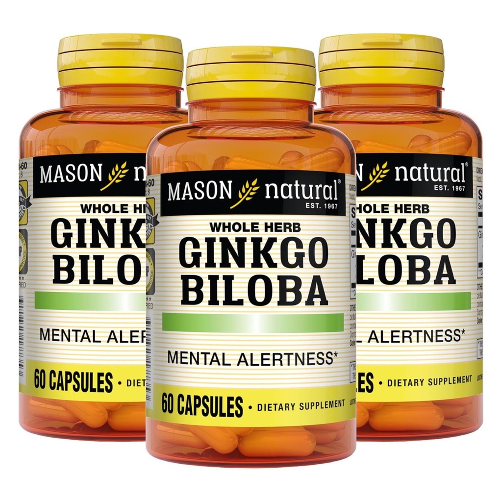 MASON NATURAL Ginkgo Biloba, alimentazione di 3 mesi, aiuta a migliorare l'alertness mentale e il supporto Funzione ottimale del cervello, 60 capsule (3 pacchetto)