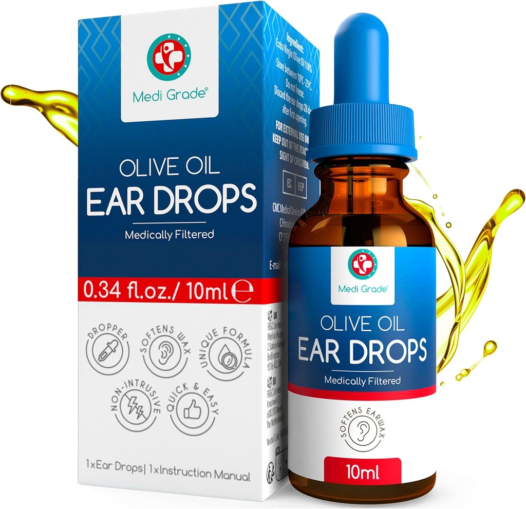 Medi Grade olio d'oliva gocce di orecchio per la rimozione della cera e le orecchie bloccate, 10ml - 100% naturale della cera gocce di rimozione della cera con Pipette Dropper ammorbidisce e rimuove l'indurito Earwax Buildup - Advanced Ear Wax Drops