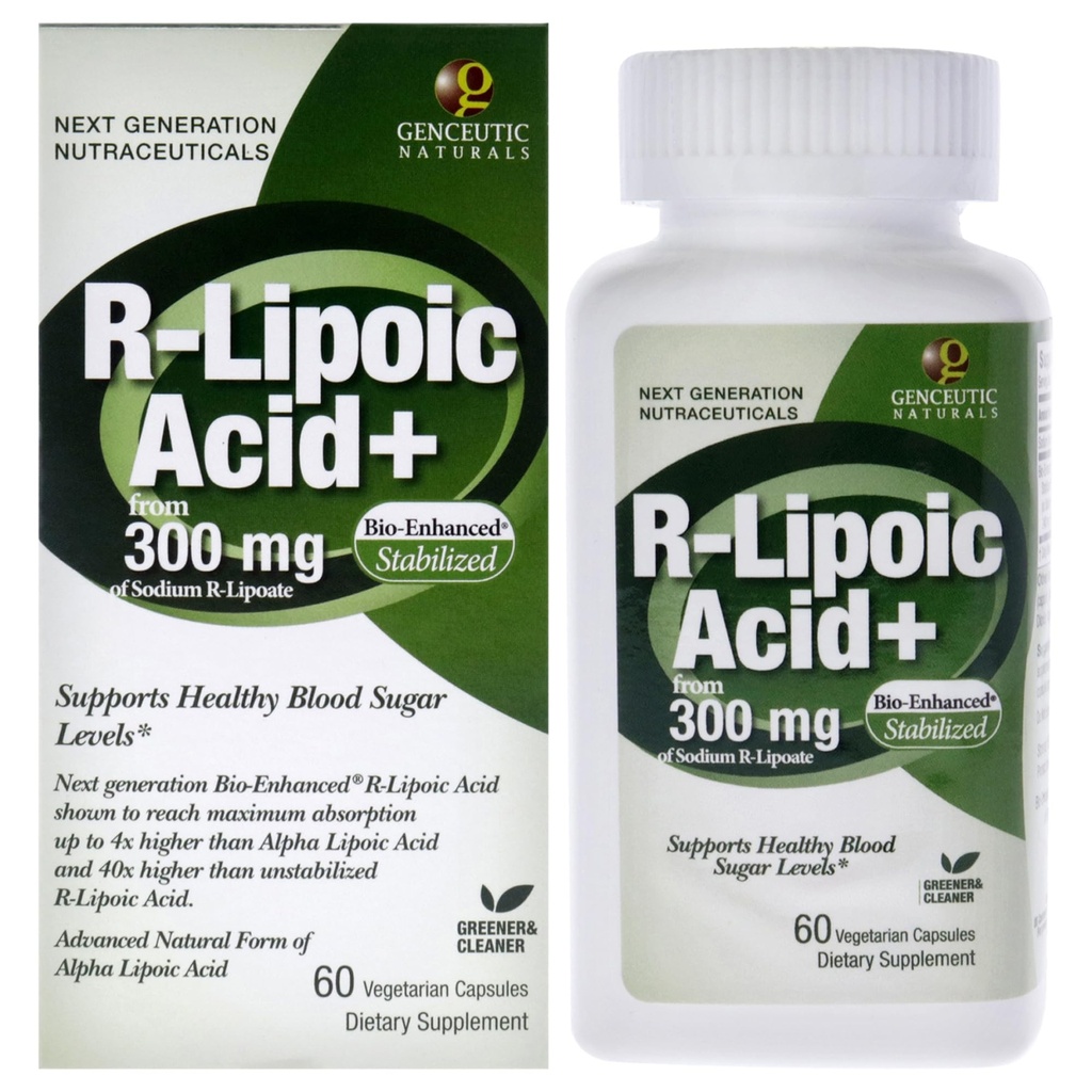 Genceutic Naturals R-Lipoic Acid Dietary Supplement | Vegetariano | Vegan | Gluten Free | Non OGM | 300mg (60 capsule) | Single Count