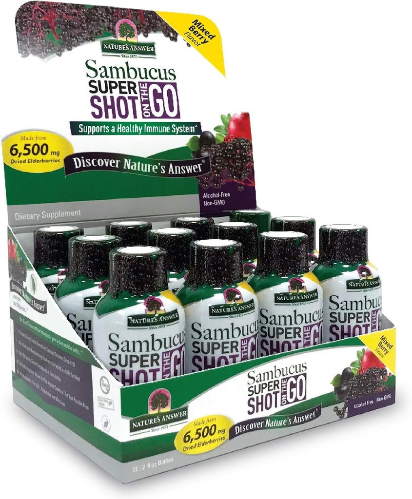 Risposta della natura Sambucus Immune Travel Shot (12 Pack) Elderberry on The Go. 2oz. Alcol-Free Non OGM Sambucus Black Elderberry Airplane/Travel Shot
