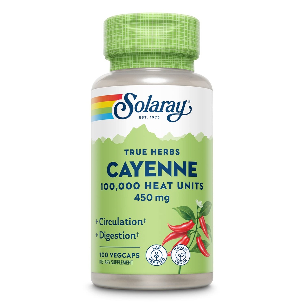 SOLARAY Cayenne Pepper 450 mg | 100.000 unità di calore | Digestione sana, Circolazione, Metabolismo e supporto cardiovascolare | Non OGM | 100 VegCaps