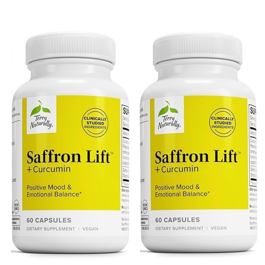 Terry Naturally Saffron Lift + Curcumin - Integratore a base di erbe con curcumina - Non-GMO Saffron & Brain capsule Curcumina - Concentrazione & Relax Support Supplemento - 60 capsule (Pack of 2)