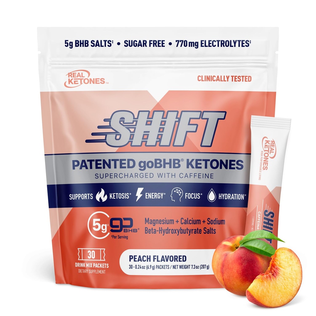 BHB chetoni esogeni Bere Miscela Pacchetti Keto Electrolytes senza zucchero con 4 elettroliti Principali Più Idratazione brevettata Keto BHB - 30 Conta Peach Caffeina