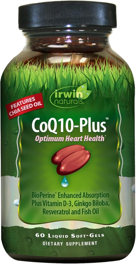 Irwin Naturals CoQ10-Plus Salute cardiaca ottimale, Assorbimento potenziato con Olio di semi di chia, 60 Liquid Soft-Gels