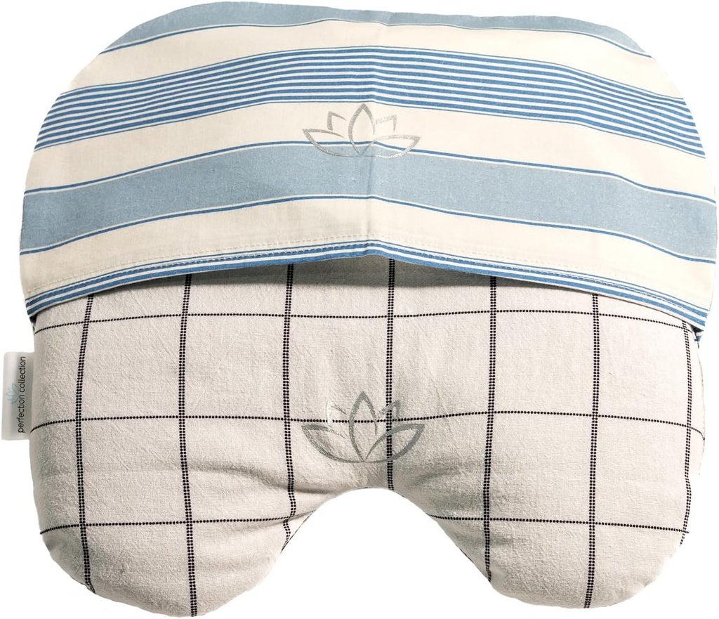 Maschere per cuscino per occhi emicrania con copertura lavabile Bonus: Flaxseed Filled for Hot and Cold Pain Relief Therapy (Adult, White and Black, Blue and Ivory Stripe)