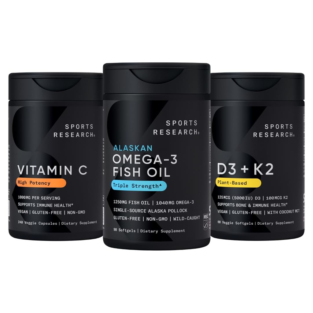 Ricerca sportiva 1250 mg Omega 3 Burpless Fish Oil - Wild Alaskan Pollock - (90 Count), Alta potenza Vegan Vitamina C 1000mg (240 Count) + Vegan 5000iu Vitamina D con 100mcg Mk7 Vitamin K (60 Count)