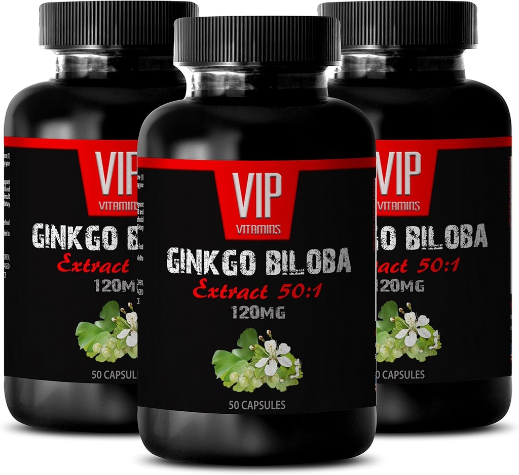 VIP VITAMINS Ginkgo biloba per adolescenti - Ginkgo Biloba Leaf 120mg - per la funzione sana del cervello (3 bottiglie - 150 capsule)