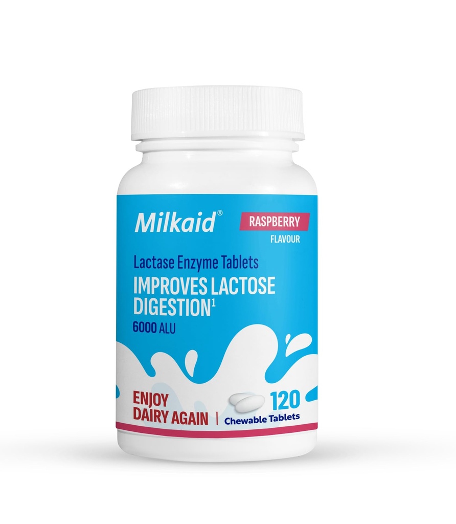 Milkaid Lactase Enzyme Chewable Tablets for Lactose Intolerance Relief | Previene Gas, Bloating & Diarrhea | Fast Acting Dairy Digestive Supplement (120 compresse, lampone)