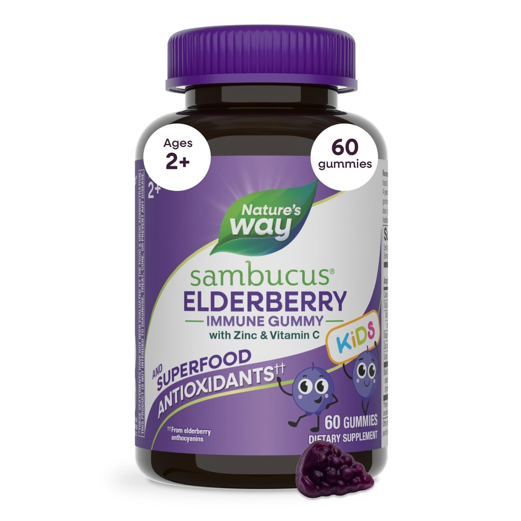Gummie Immune di Sambucus Elderberry di modo naturale per bambini, Gummies di supporto immunitario*, con estratto di sambuco nero, vitamina C e zinco, 60 Gummies (Packaging May Vary)