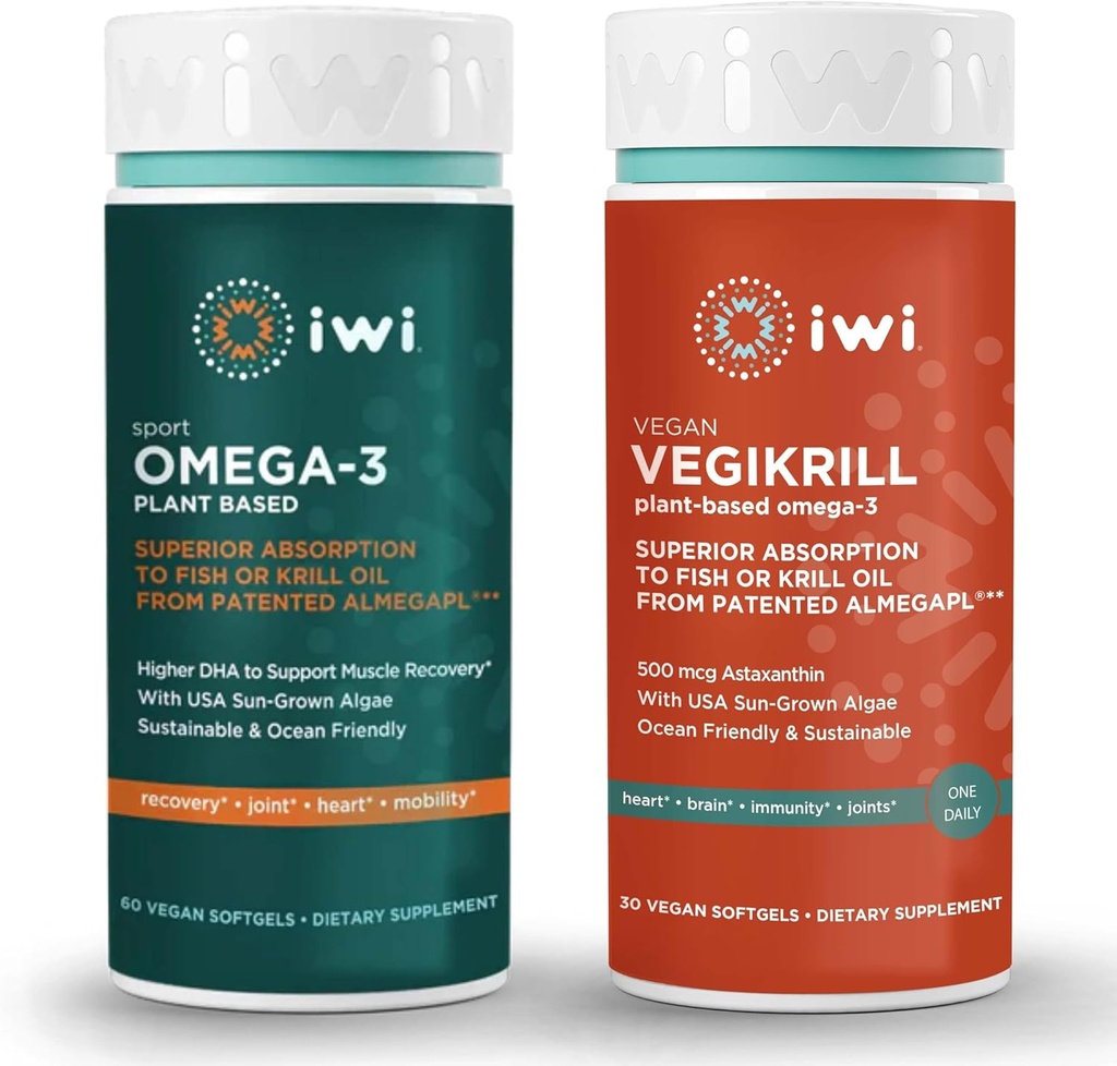 iwi Omega-3 Sport & Vegikrill Omega-3 Bundle, 30 Serve, Vegan pianta-based Algae Omega 3 con EPA + DHA, Krill & Fish Oil Alternative, No Fishy Aftertaste