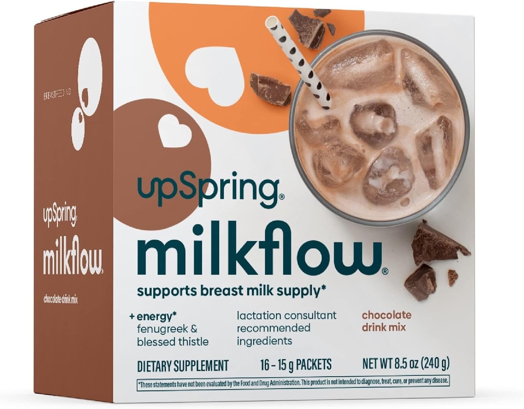 UpSpring Milkflow Energy Breastfeeding Supplement Drink Mix with Fenugreek, Chocolate Flavor, Lattazione Supplemento per sostenere la fornitura di latte materno e vitamine B, 16 miscele di bevande