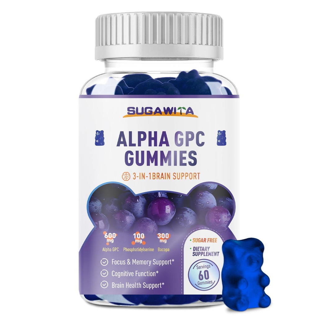 Alpha GPC Choline Gummies 600mg con Phosphatidylserine & Bacopa – Supporto del cervello 3-in-1 per la memoria, Focus & Long Term Cognitive Health – Formula naturale senza zucchero, 60 Count