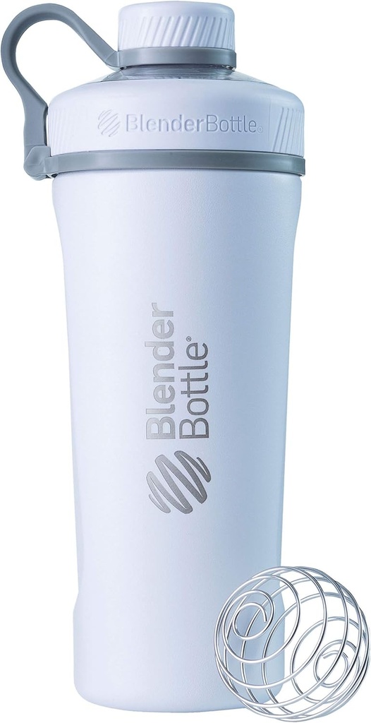BlenderBottle Radian Shaker Cup Bottiglia di acqua isolata in acciaio inossidabile con filo Whisk, 26-Ounce, bianco opaco