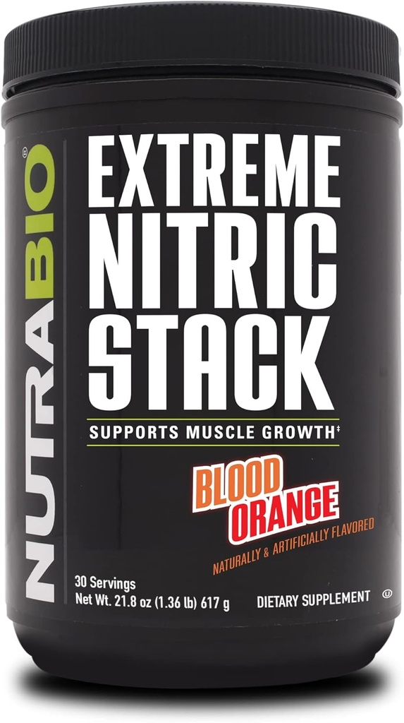 NutraBio Extreme Nitric Stack, Nitric Oxide e Cell Volumizing Formula- 30 Serve (Blood Orange)