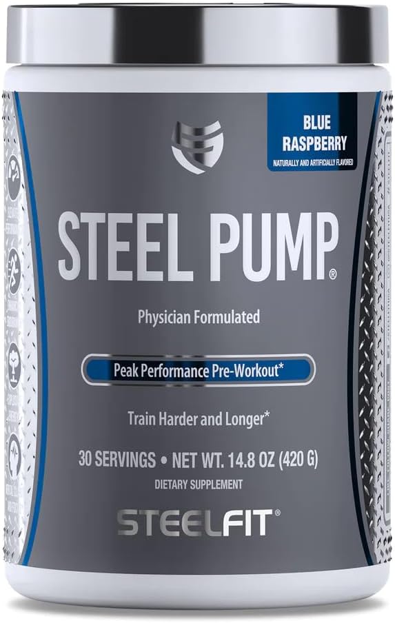 SteelFit Steel Pump | Polvere pre allenamento avanzata & Nitric Oxide Supplemento | Blue Raspberry, 30 Serve | per la costruzione del muscolo & Recovery | Realizzato con Peak ATP, Ashwagandha, & Electrolytes