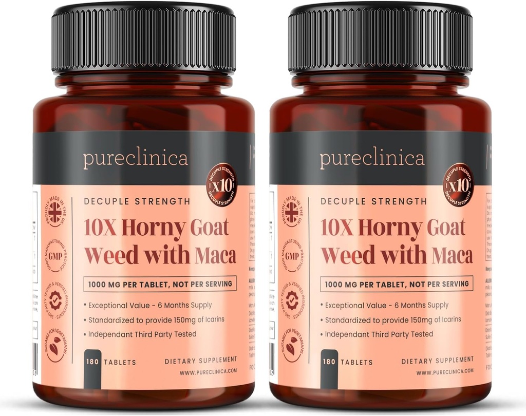 10X Horny Goat Weed Extract (3750mg) Maca Extract (2500mg) x 360 compresse (2 bottiglie di 180) - 1 anni di fornitura