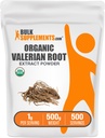 BulkSupplements.com Polvere di estratto di valeriana organico - Sorgente da radice di valeriana, Supplemento di erbe - Gluten Free, 1g per porzione, 500g (1.1 lbs) (Pack of 1)