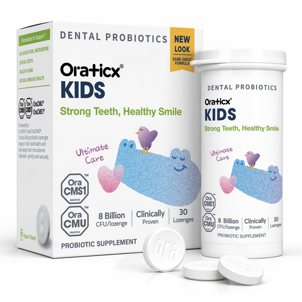 OraTicx Kids Probiotici dentali per Anti-Cavity + Teeth e Gums sani, 8 miliardi di CFU Probiotici per la salute orale, Yogurt Flavor 1-PK