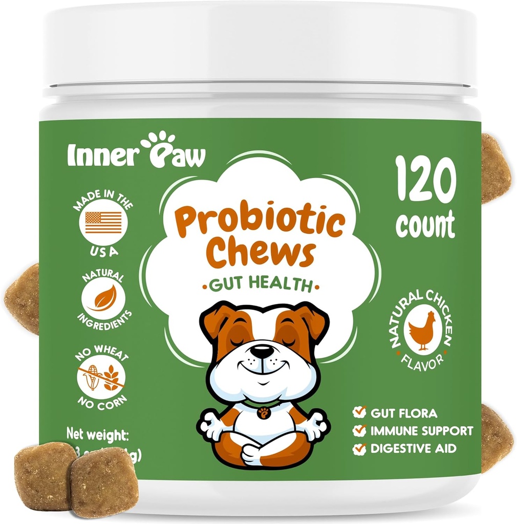 Probiotici per cani, enzimi digestivi e formula prebiotica per la salute del fegato, Probiotici per cani per la diarrea, supporto per bowel & Immune, sapore di pollo, 120 Chews morbide