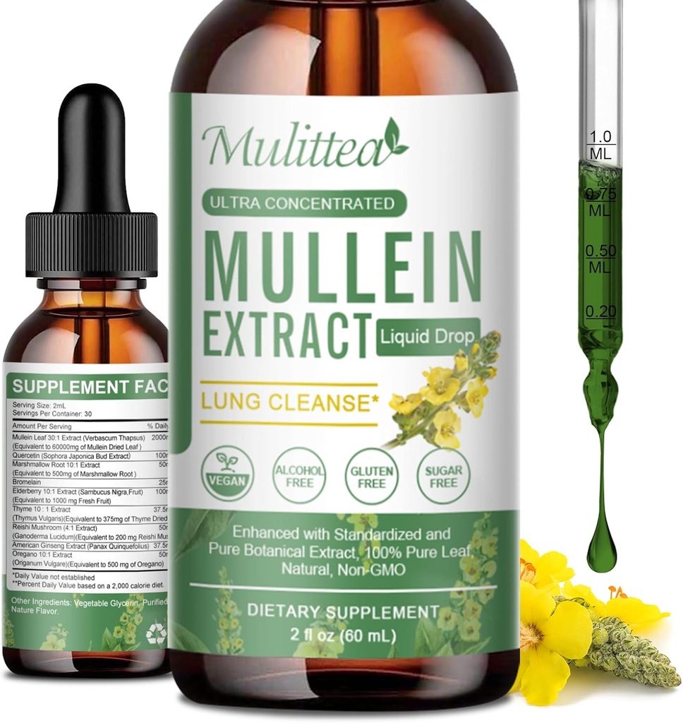 Gocce di Mullein per polmoni e drenaggio linfatico - Lung Cleanse & Detox- Vegan Mullein Leaf Extract Support Immune,Digestivo respiratorio -9 Potente supplemento di erbe per rinnovare -Come liquido