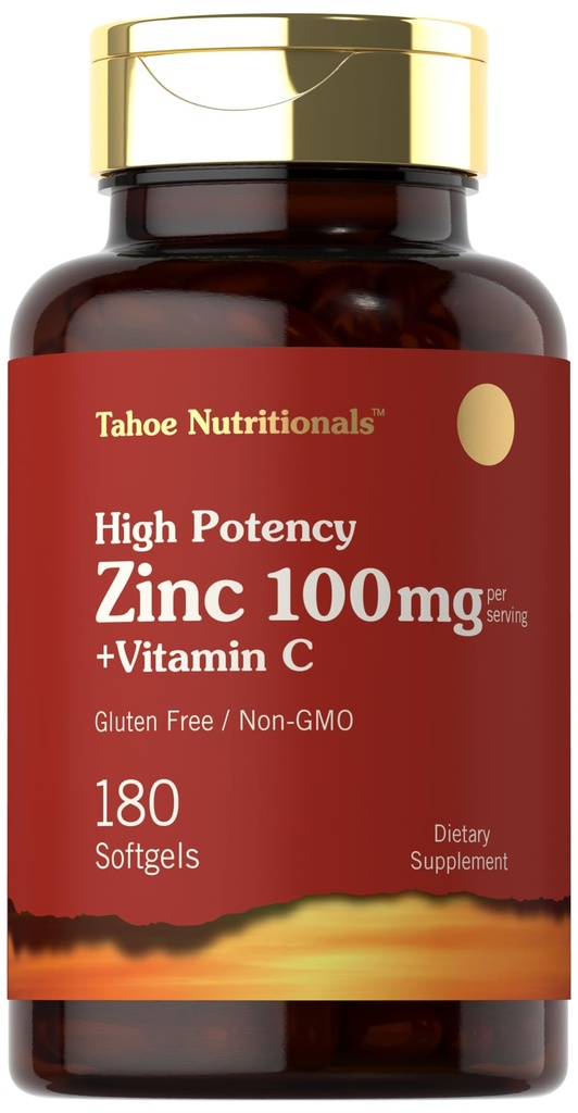 Carlyle Zinc Supplement 100mg con Vitamina C | 180 Softgels | Non OGM, Gluten Free | Nutrizioni Tahoe