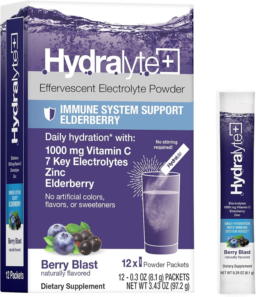 Idralita Electrolytes Plus Immunity, Elderberry - Polvere di riidratazione rapida di zucchero basso - Imballi di polvere di elettrolita leggermente scintillanti con vitamina C 1.000 mg e 300 mg di Elderberry (8oz Serve, 12 Conte)
